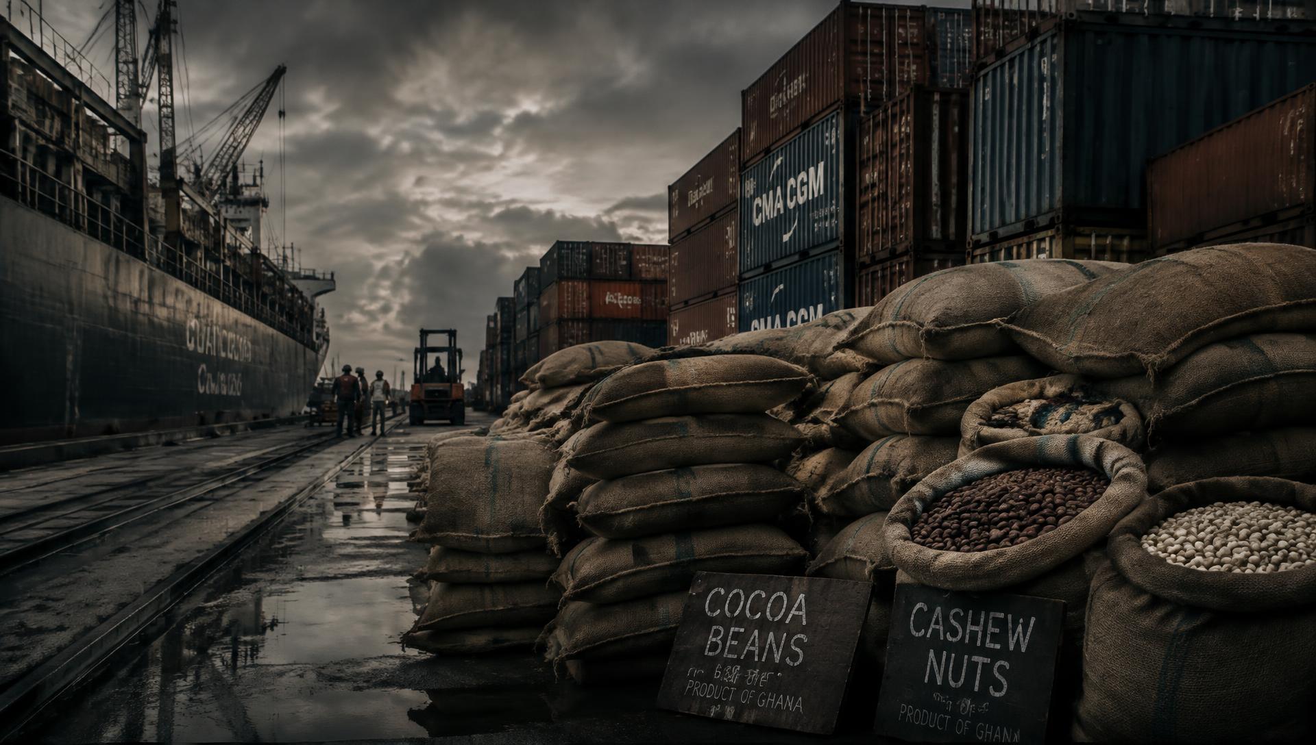 Sacks of cocoa beans at a West African export port